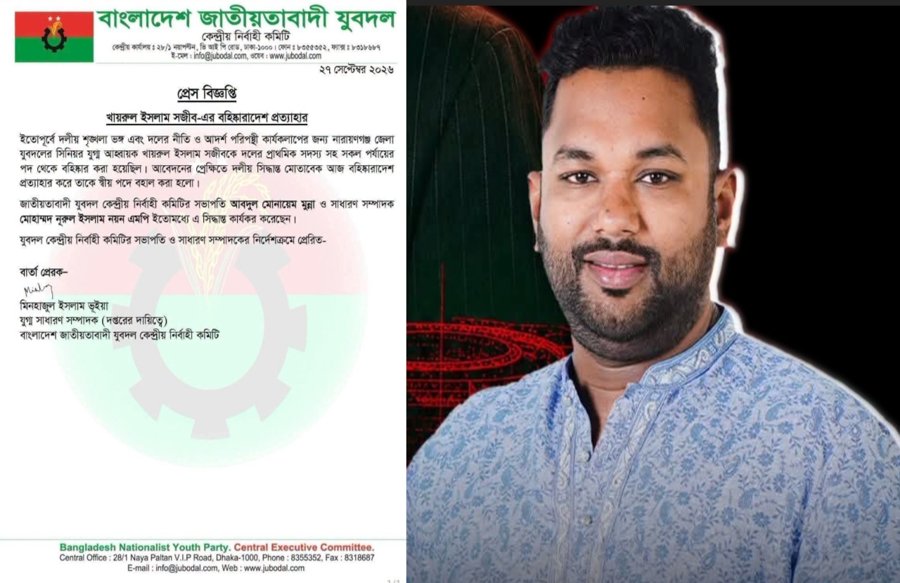 বহিষ্কারাদেশ প্রত্যাহার, নারায়ণগঞ্জ জেলা যুবদলের পদে ফিরলেন খায়রুল ইসলাম সজীব